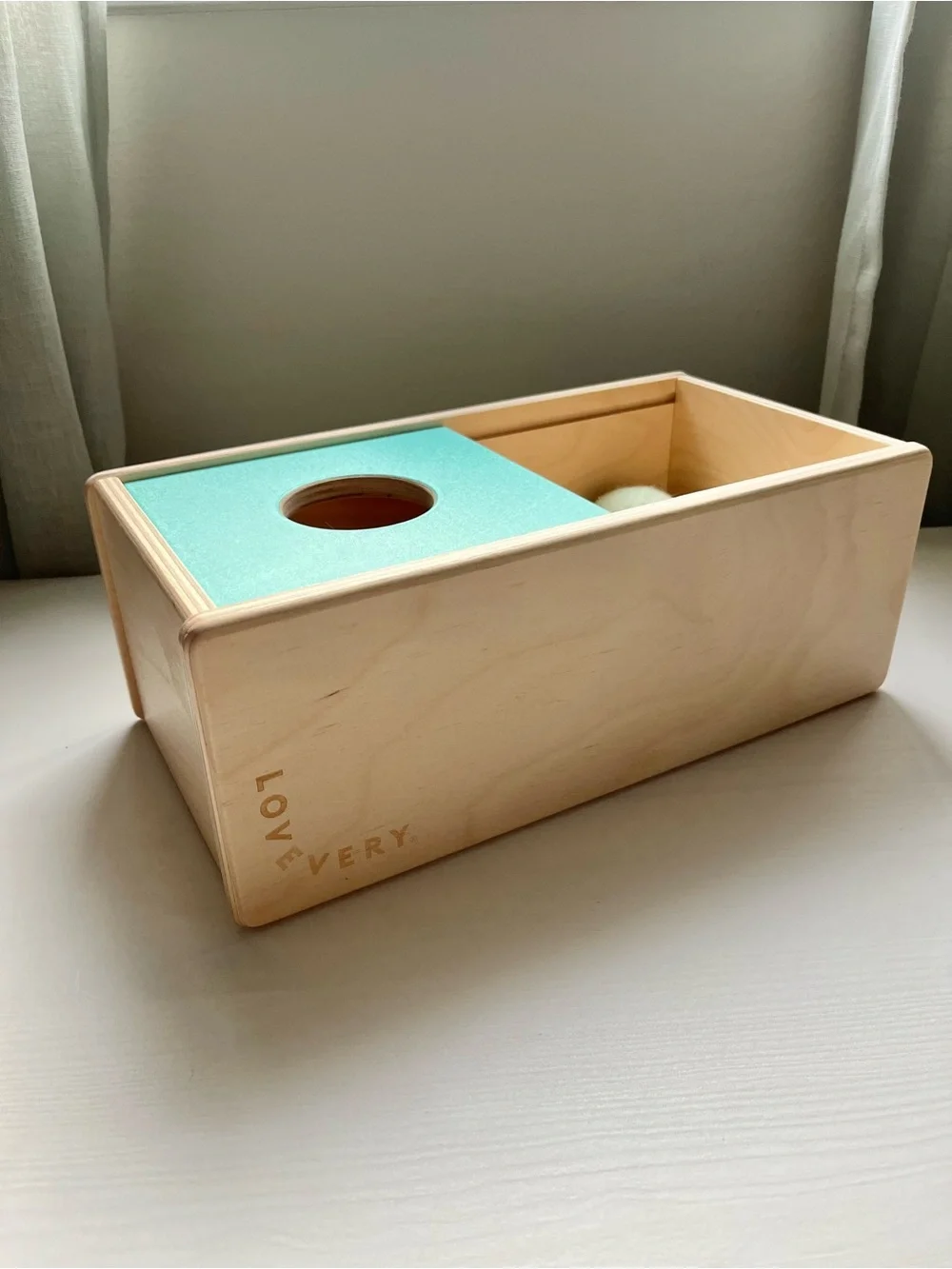 Lovevery Blue Wooden Sliding Top Ball Drop Box with Ball The Thinker Play Kit